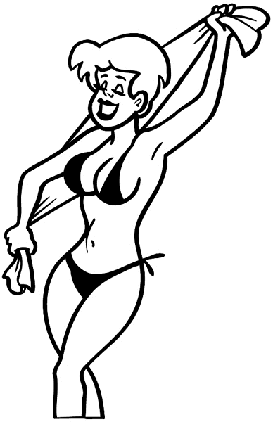 Bikini clad lady with towel vinyl sticker. Customize on line. Summer 088-0321